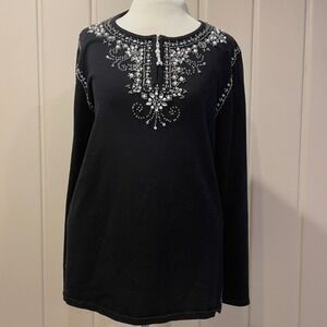 Quaker Factory Embellished Black Long Sleeve Knit‎ Top Size L Rhinestone Pearl